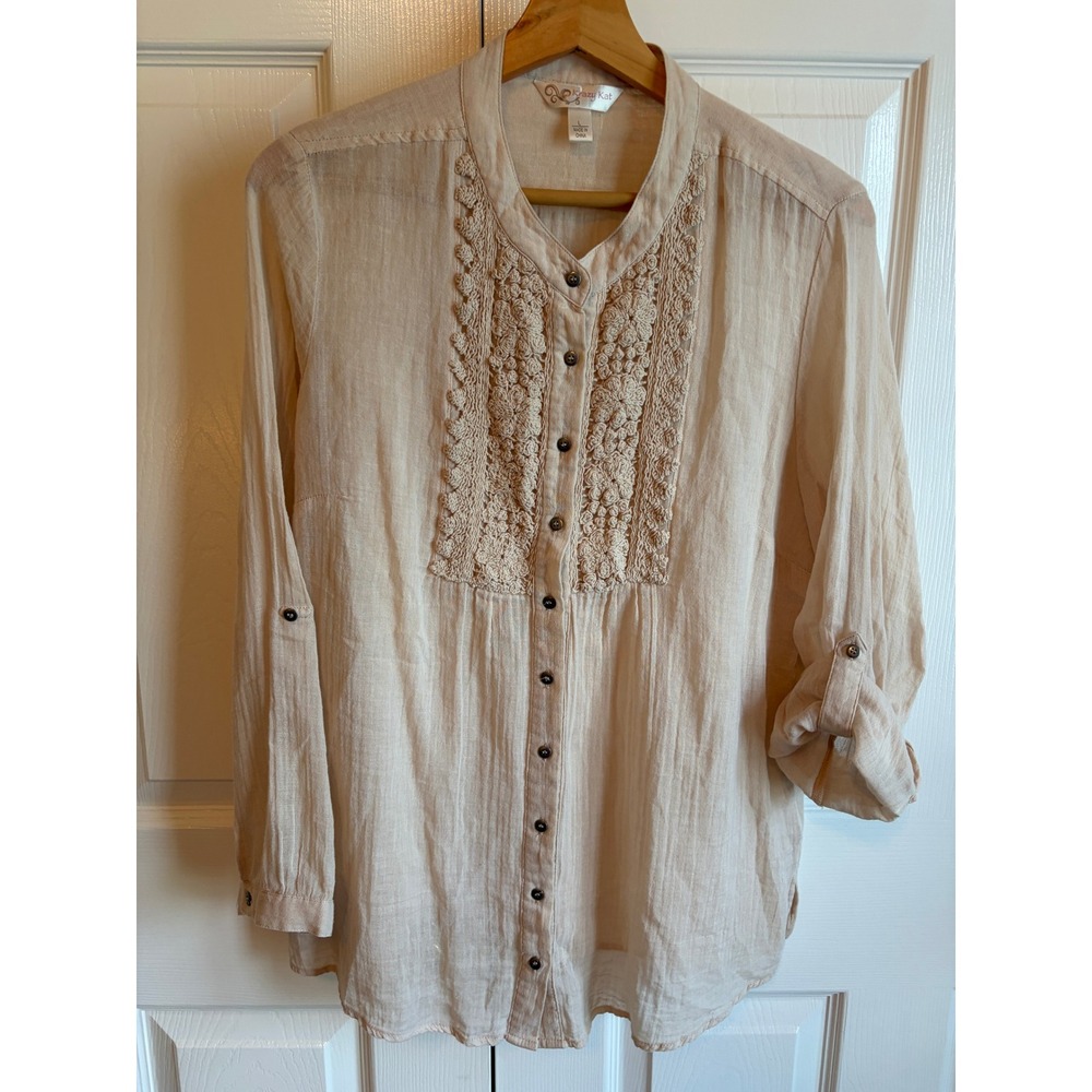 Krazy Kat Beige Cotton Gauze Boho Victorian Crochet Lace Roll Tab Blouse Large